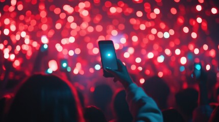 Many fun people lift hand up hold cell phone flash light. Fan crowd wave flashlights. Epic live music concert atmosphere. Big open air k pop arena. Cool night fest. Lot joy men hang out. Kpop chill.