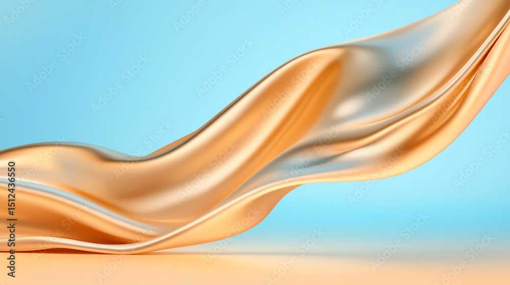 Poster A smooth blend of silky fabric waves in warm tones against a soft blue backdrop, creating an elegant and serene visual.