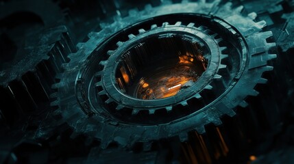Abstract gears on a dark backdrop illustrate a digital engineering design theme with space for additional text