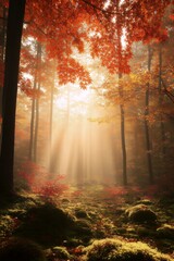 Obraz premium Golden Sunlight in Autumn Woods: Witness the enchanting spectacle of a sun-drenched woodland scene during the vibrant autumn season, where light filters through the trees.