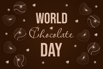 Brown background with numerous chocolate candies in the shape of hearts and balls, and the text 