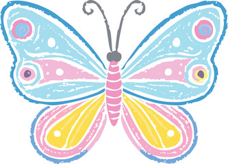 Fototapeta premium Cute butterfly vector. Crayon spring background. Pastel child butterfly art isolated. Simple flower color chalk hand drawn bg.children, butterfly, chalk, colours, doodle, draw, painting, pastel, 
