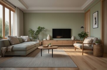 Serene Japandi Living Room: 3D Render, Morning Sunlight, Copy Space
