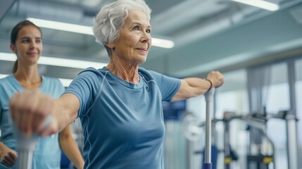 senior woman in a physical therapy session, holding onto a stability bar