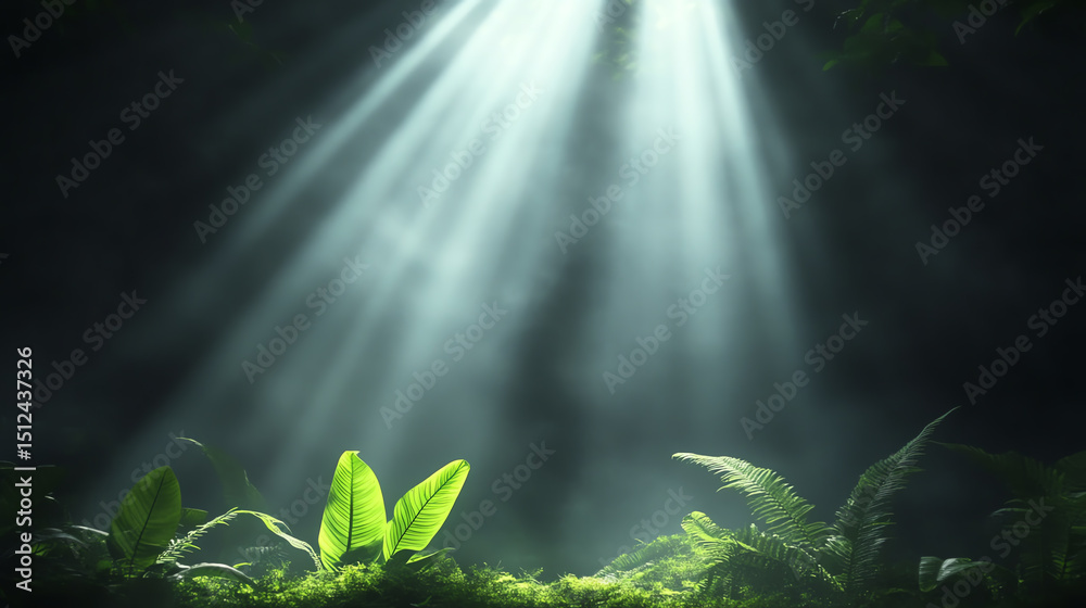 Poster A tranquil forest scene with rays of sunlight piercing through the greenery, illuminating lush foliage and creating a serene atmosphere.