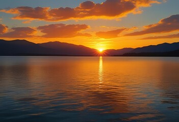 Obraz premium Golden sunset over a tranquil lake, with mountains silhouetted against a vibrant, cloud-filled sky.