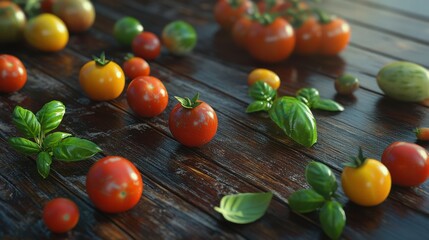 Various types of tomatoes including heirloom and cherry tomatoes with basil leaves on a dark wooden table, high resolution,