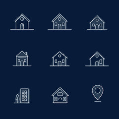 Grid of line art buildings and a location icon on a dark background