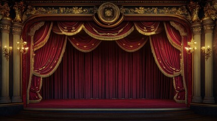 ornate theater stage with luxurious crimson velvet curtains golden tassels and antique footlights casting a warm glow intricate baroque details adorn the proscenium arch