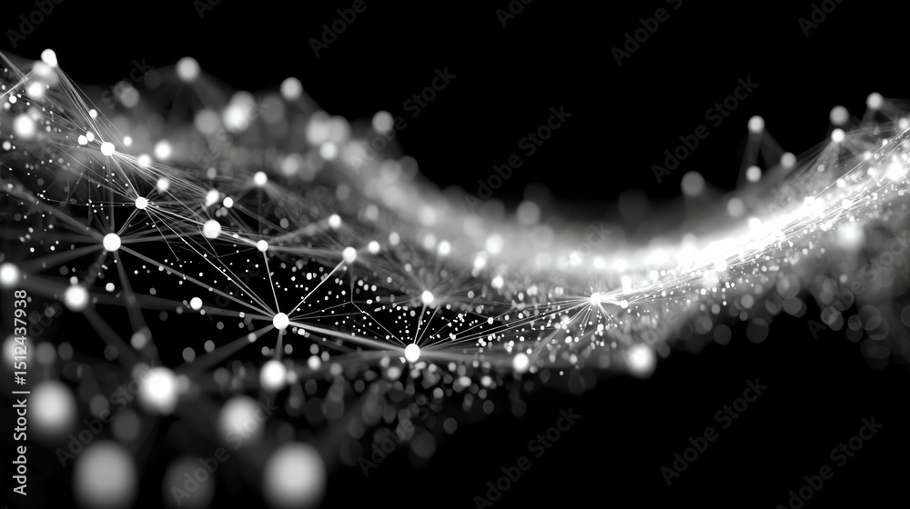 Poster Abstract network of connected dots and lines in a mesmerizing wave. Perfect for illustrating digital communication and data flow.
