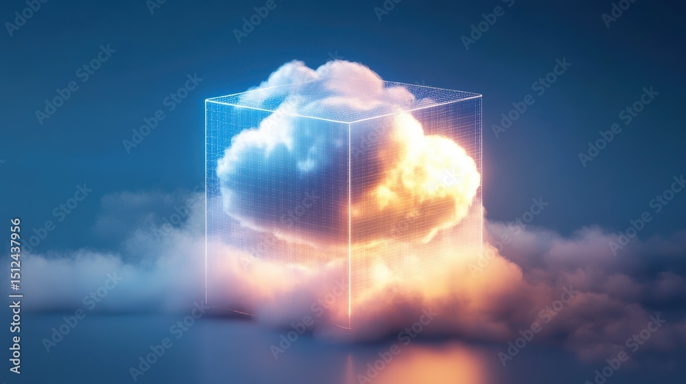 Poster cube with glowing light representing cloud computing and big data transfer on internet technology co