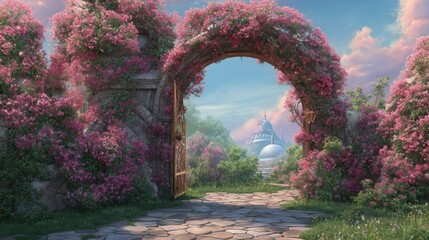 Fototapeta premium Floral Archway to Fantasy Cityscape Digital Painting, Stone Arch, Bougainvillea, Dreamlike Garden Digital Art, Fantasy Landscape