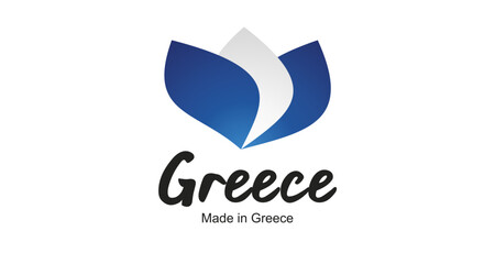 Made in Greece logo, sticker. Abstract Greece flag and ribbon in shape of leaf flower with handwritten typography lettering © simbos