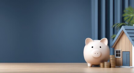 Saving for a Dream Home with a Piggy Bank and Coins  