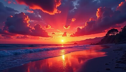 Fiery sunset colors paint Deception Pass sky, Rosario Beach silhouetted , Deception Pass, west coast, Cascadia