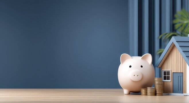 Saving for a Dream Home with a Piggy Bank and Coins  