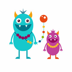 Fototapeta premium Two Cute Cartoon Monsters Holding a String of Colorful Beads