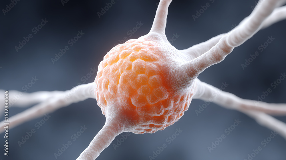 Poster Close-up of a neuron, showcasing intricate structures and vibrant colors, representing the complexity of the nervous system.