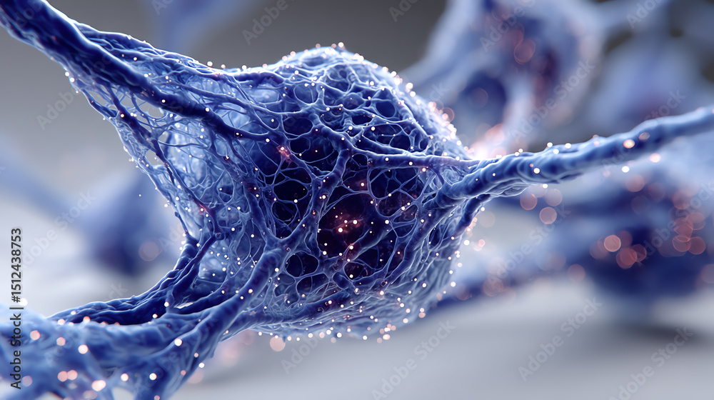 Poster Close-up view of a neuron, showcasing intricate details and glow patterns in a vibrant blue color.
