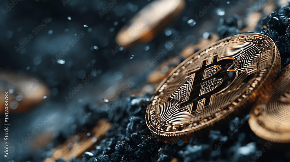 Poster close-up view of a shiny bitcoin coin on a textured surface, representing digital currency and moder