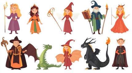Fairy tale clipart. Medieval magician characters, cartoon fairy girl dragon and fantasy wizard. Halloween clothes, child book story decent set illustration , no logos, no brands © Johannes