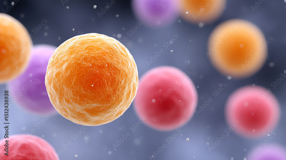 Aufkleber Colorful representation of microscopic cells in a dynamic environment, illustrating the complexity of cellular structures and functions.