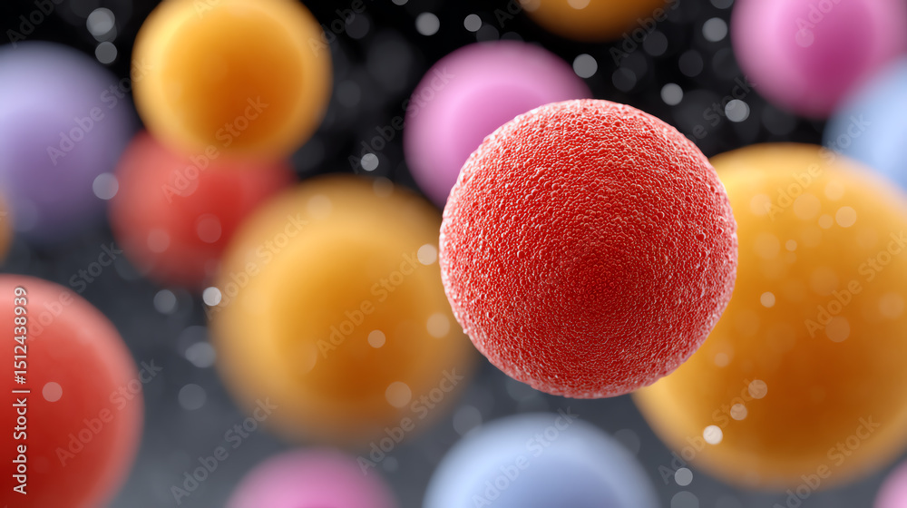 Poster colorful microscopic view of cells showcasing intricate details and vibrant hues in a dynamic enviro