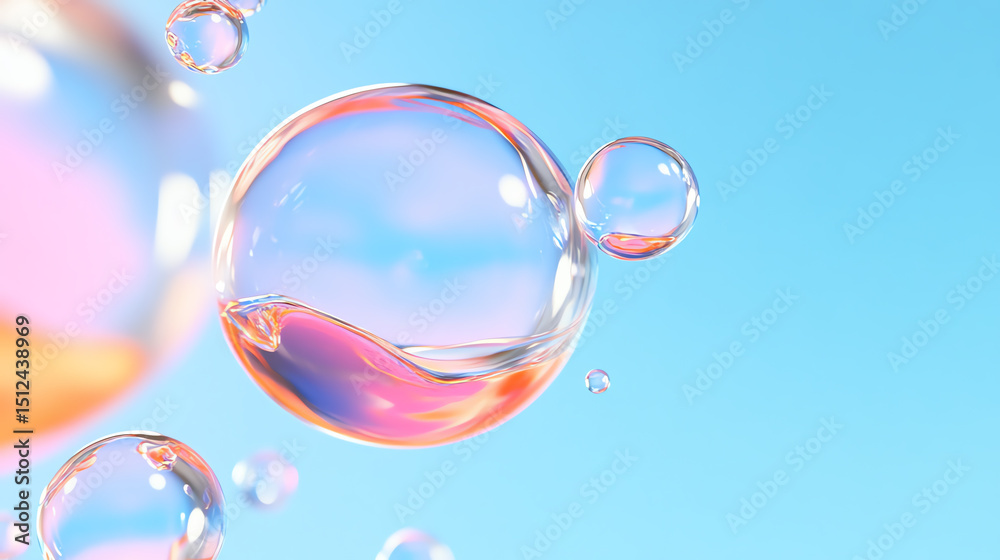 Poster colorful soap bubbles float gracefully against a tranquil blue background, creating a whimsical and 