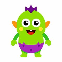 Fototapeta premium Cute Green Cartoon Monster Character with Purple Hair and Diaper