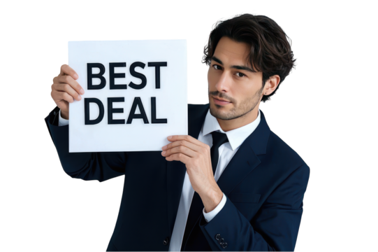 Handsome businessman holding best deal sign