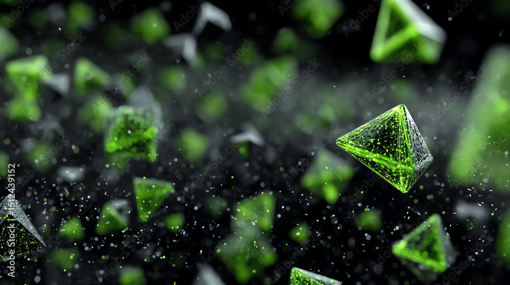 Fototapete dynamic illustration of floating green geometric shapes with a dark background, creating a visually 