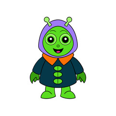 Cute cartoon alien with green skin and purple hood illustration