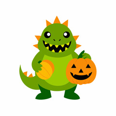 Cute Cartoon Dinosaur Holding Halloween Pumpkins Isolated on White Background