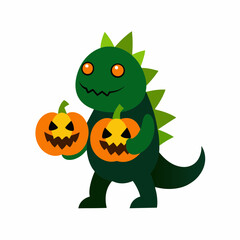 Cute Dinosaur Holding Halloween Pumpkins Illustration on White Background