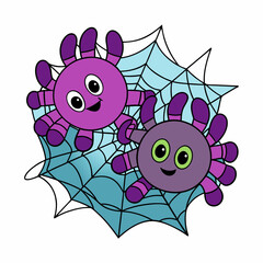 Two Cute Cartoon Spiders on a Blue Spiderweb for Halloween