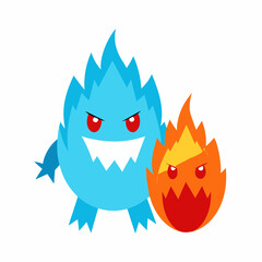 Cartoon Fire and Ice Monsters with Angry Expressions on a White Background