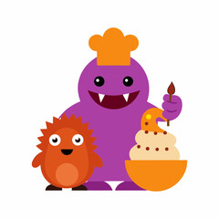 Cute Monster Chef Baking a Cake with Friend on White Background