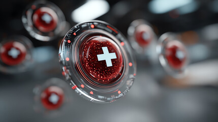Futuristic medical design featuring red bubbles with a plus sign, symbolizing health, technology, and innovation in medicine.