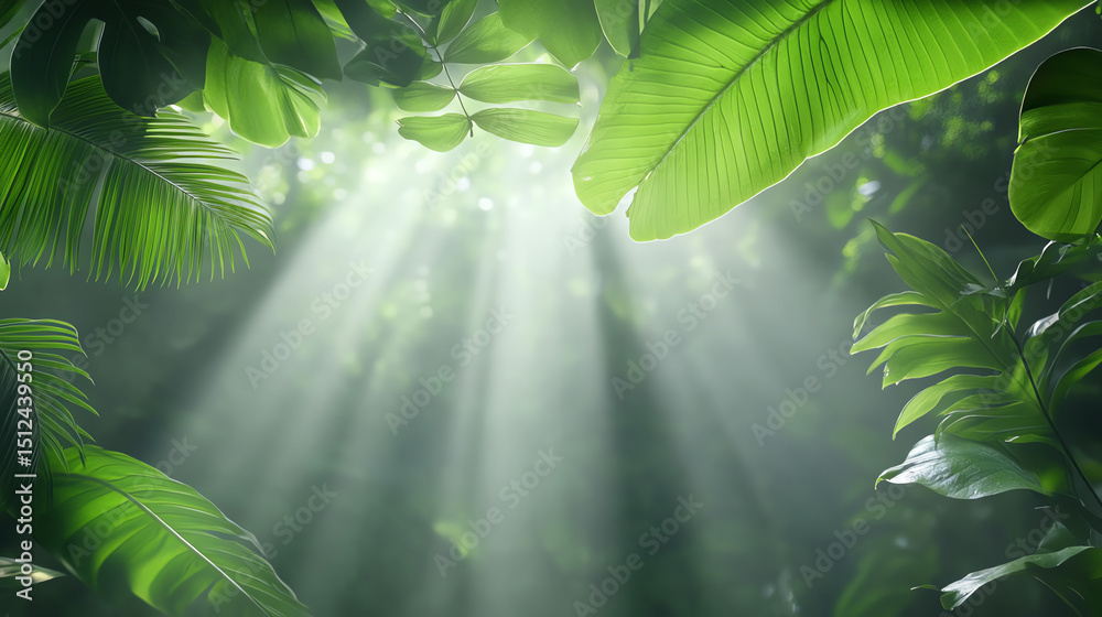 Aufkleber lush green leaves create a serene atmosphere with soft, diffused light filtering through, evoking tr