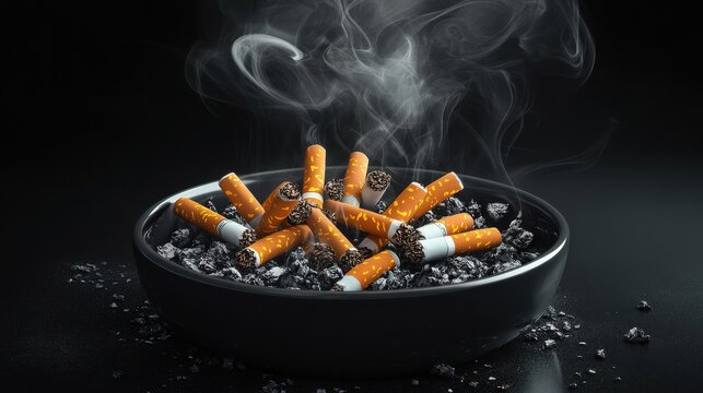 Monochrome image of cigarette butts in an ashtray with smoke swirling upwards, symbolizing the dangers of smoking and addiction.