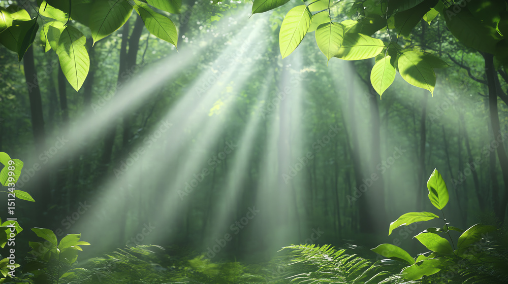 Poster sunlight filters through lush green leaves in a serene forest, creating a peaceful atmosphere and sh