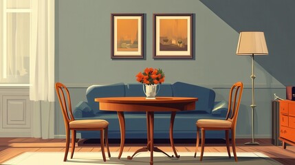 Fototapeta premium Dining space with table and chairs in living room with sofa illustration , no logos, no brands