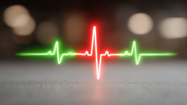 Vibrant heartbeat line displaying vital signs in red and green hues, symbolizing life and health monitoring in medical settings.