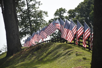 Array of flags  at Trump Winery, Charlottesville, VA in memorial weekend