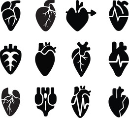 Black Anatomical Heart Icons Set Vector Medical & Artistic Symbols
