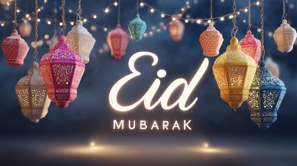 "Eid Mubarak" glows in white script while vivid lanterns dangle above, casting radiant hues and creating a joyful and luminous celebration scene.
