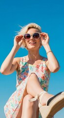 Woman in Floral Dress with Sunglasses