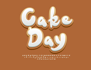 Vector Delicious Emblem Cake Day. Sweet Handwritten Font. Gingerbread White Alphabet Letters and Numbers set.