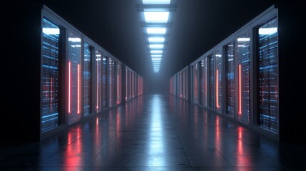Fototapeta premium Neon Server Room Long Corridor, Red and Blue Lights, Data Center, 3D Render, Cyberpunk Cyberpunk, Data Storage