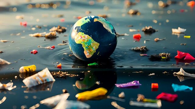 Miniature globe floating in polluted water surrounded by plastic trash, debris, and garbage showing environmental contamination issue


